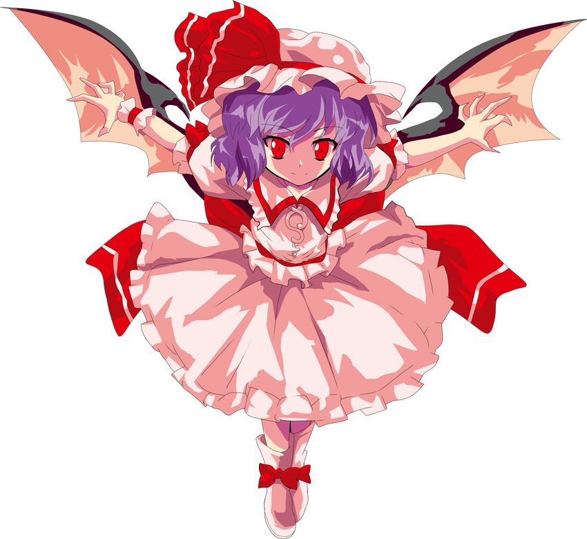absurdres alphes_(style) bat_wings blue_hair full_body hat hat_ribbon highres outstretched_arms oyu_no_kaori parody red_eyes remilia_scarlet ribbon short_hair solo spread_arms style_parody touhou transparent_background wings wrist_cuffs