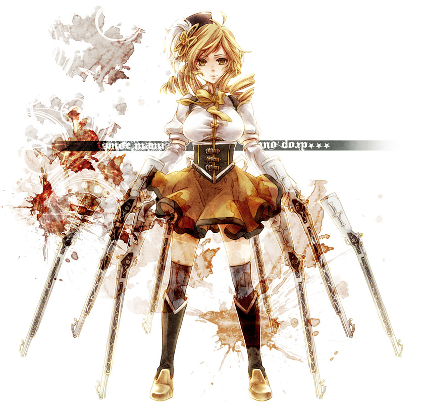 beret blonde_hair blood boots bow corset drill_hair dual_wielding gun hair_ornament hat highres holding light_smile magical_girl magical_musket mahou_shoujo_madoka_magica puffy_sleeves rifle sakanahen skirt solo stain thighhighs tomoe_mami twin_drills twintails weapon yellow_eyes