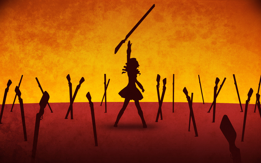 benhuber drill_hair fate/stay_night fate_(series) field_of_blades gun hat magical_girl magical_musket mahou_shoujo_madoka_magica outstretched_hand parody planted_weapon red rifle silhouette solo tomoe_mami twin_drills twintails unlimited_blade_works wallpaper weapon