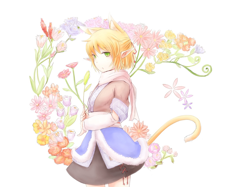 animal_ears arm_warmers bad_id bad_pixiv_id blonde_hair blush cat_ears cat_tail extra_ears flower green_eyes kemonomimi_mode kokotetsu mizuhashi_parsee pointy_ears scarf short_hair solo tail touhou