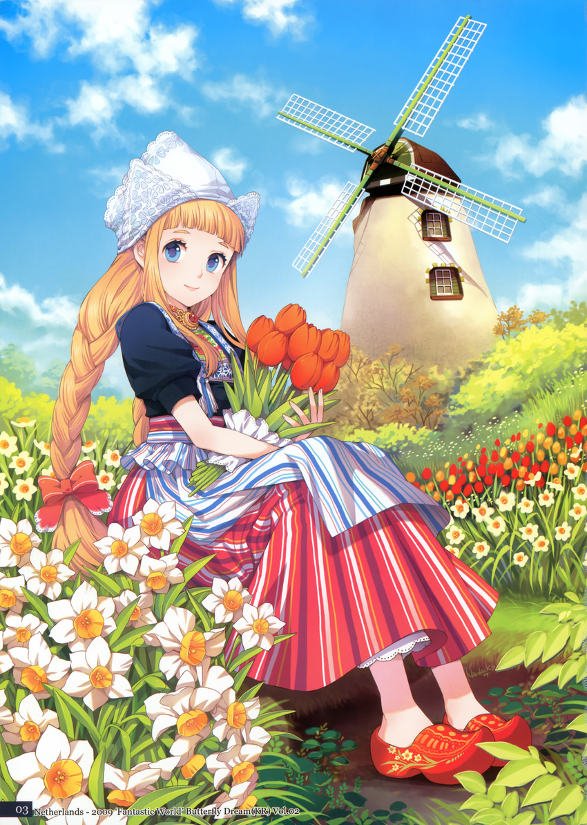 absurdres apron blonde_hair blue_eyes braid clogs flower highres long_hair nardack netherlands no_socks original skirt smile solo striped striped_skirt traditional_clothes tulip twin_braids windmill