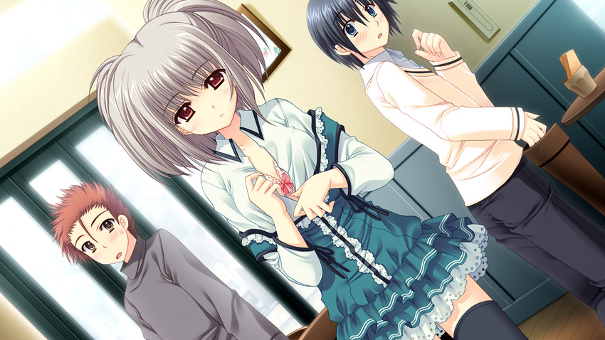 2boys black_hair black_legwear blue_eyes bra brown_eyes brown_hair embarrassed game_cg grey_hair kona_nako multiple_boys nishimata_aoi open_clothes open_shirt sekai_seifuku_kanojo shirt thighhighs underwear undressing