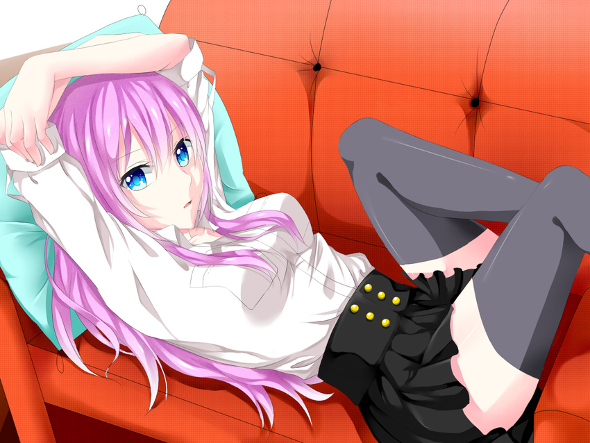 arms_up bad_id bad_pixiv_id blue_eyes couch long_hair lying megurine_luka on_back pillow pink_hair sayaka_(ponkichi) solo thighhighs vocaloid zettai_ryouiki