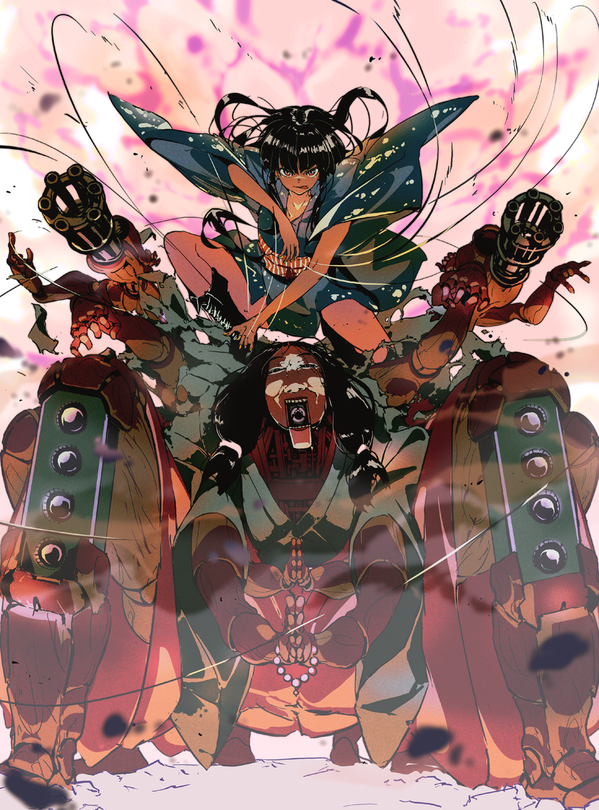 :p beads black_hair gatling_gun gun hands_together highres huge_weapon japanese_clothes long_hair mayuge1017 open_mouth original otacool otacool4 prayer_beads puppet_strings red_eyes smile smoke string tongue tongue_out twintails weapon