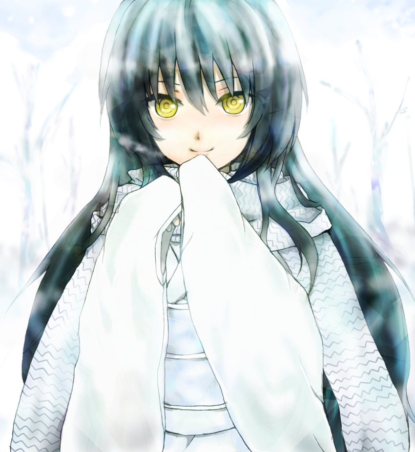 bad_id bad_pixiv_id highres himasen japanese_clothes kimono long_hair multicolored_hair nurarihyon_no_mago obi ringed_eyes sash scarf smile solo striped striped_scarf yellow_eyes yuki_onna_(nurarihyon_no_mago)