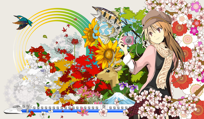 animal bad_id bad_pixiv_id bird camellia camera cherry_blossoms deer fish flower ground_vehicle hat highres iris_(flower) mountain original sakisato_kiriko scarf solo sunflower train