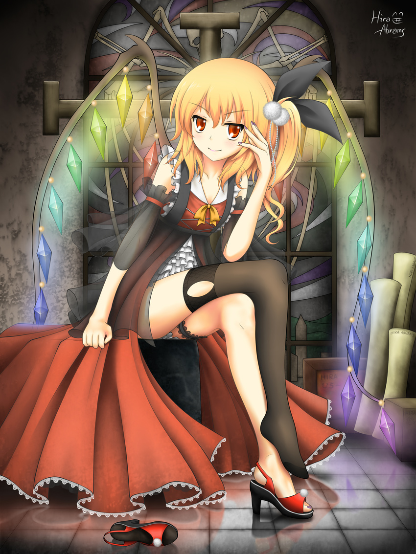 absurdres alternate_costume black_legwear blonde_hair crossed_legs crystal dress flandre_scarlet full_body glowing hand_on_own_face high_heels highres hira_(zlpabrams) indoors mismatched_legwear nail_polish no_hat no_headwear red_eyes reflection room shoes shoes_removed short_hair side_ponytail single_shoe single_thighhigh sitting smile solo stained_glass thigh_strap thighhighs torn_clothes torn_legwear touhou wings