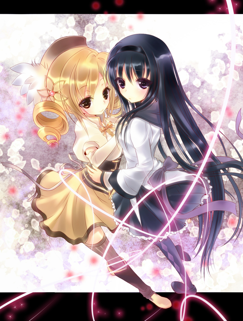 akemi_homura black_eyes black_hair black_hairband blonde_hair boots drill_hair glowing hairband hand_on_another's_chest hand_on_hip hat highres hug letterboxed long_hair mahou_shoujo_madoka_magica maryquant multiple_girls pantyhose perspective smile thighhighs thread tomoe_mami very_long_hair