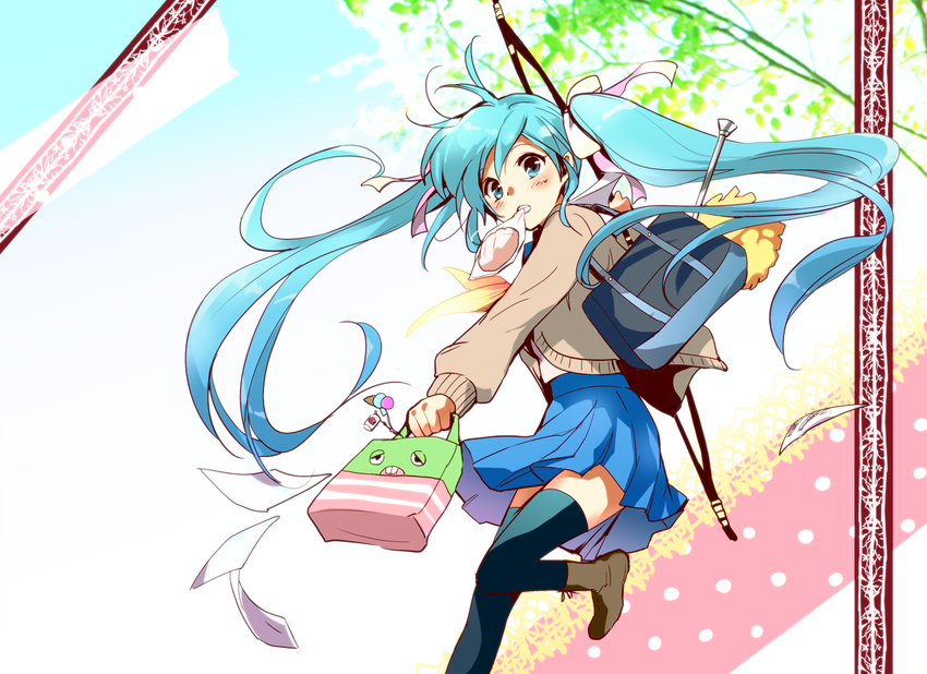 amanattou aqua_eyes aqua_hair bag bow cameo gachapin handbag hatsune_miku hirake!_ponkikki keychain long_hair mouth_hold paper school_bag school_uniform skirt solo thighhighs twintails twirl_baton very_long_hair vocaloid zettai_ryouiki