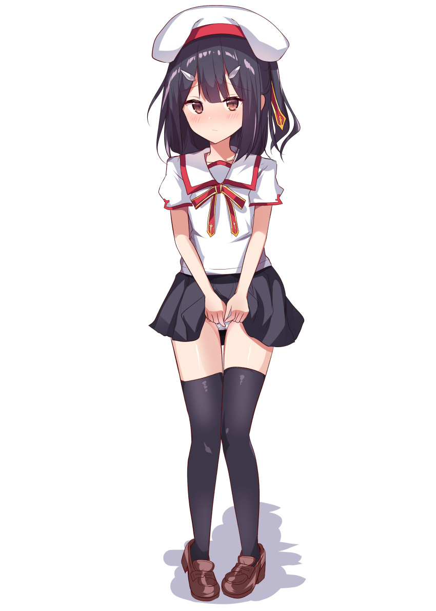 1girl absurdres bangs beret black_hair black_legwear black_skirt blush brown_eyes brown_footwear closed_mouth collarbone collared_shirt commentary_request eyebrows_visible_through_hair fate/kaleid_liner_prisma_illya fate_(series) full_body hair_between_eyes hair_ornament hairclip hat highres homurahara_academy_uniform lifted_by_self loafers looking_at_viewer miyu_edelfelt natsu_(sinker8c) one_side_up panties pigeon-toed pleated_skirt puffy_short_sleeves puffy_sleeves shadow shirt shoes short_sleeves skirt skirt_lift solo standing thigh_gap thighhighs underwear white_background white_hat white_panties white_shirt