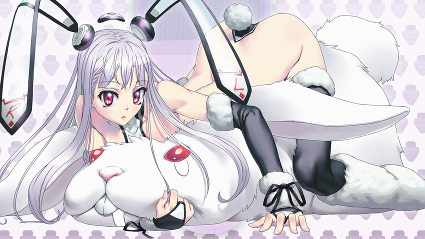 animal animal_ears bare_shoulders bridal_gauntlets bunny bunny_ears bunny_tail cozy long_hair original red_eyes ribbon silver_hair solo tail thighhighs