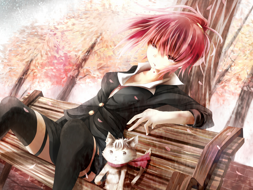 bench black_legwear breasts cat cherry_blossoms cigarette cleavage medium_breasts paper_man red_eyes red_hair ribbon rika_(paperman) sitting smoking solo thighhighs tree umagenzin zettai_ryouiki