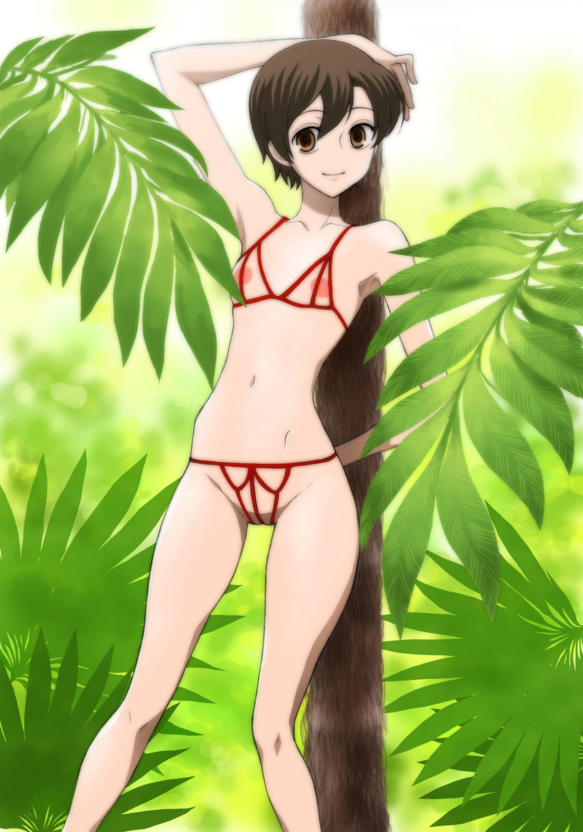 bangs bikini brown_eyes brown_hair cropped_legs crotchless female forest fujioka_haruhi highres joy_division leaf looking_at_viewer nature navel nippleless_clothes nippleless_clothing ouran_high_school_host_club outdoors outside pose short_hair solo swimsuit tree