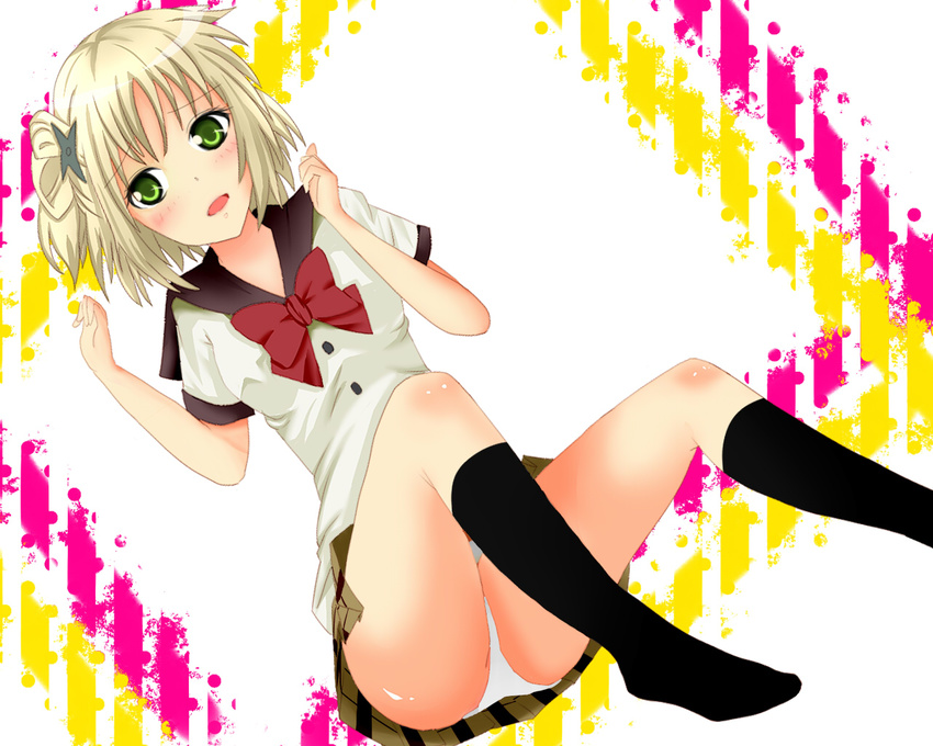 blonde_hair blush footwear green_eyes kneehighs kneesocks kore_wa_zombie_desu_ka? maelstrom panties pantyshot school_uniform short_hair socks underwear