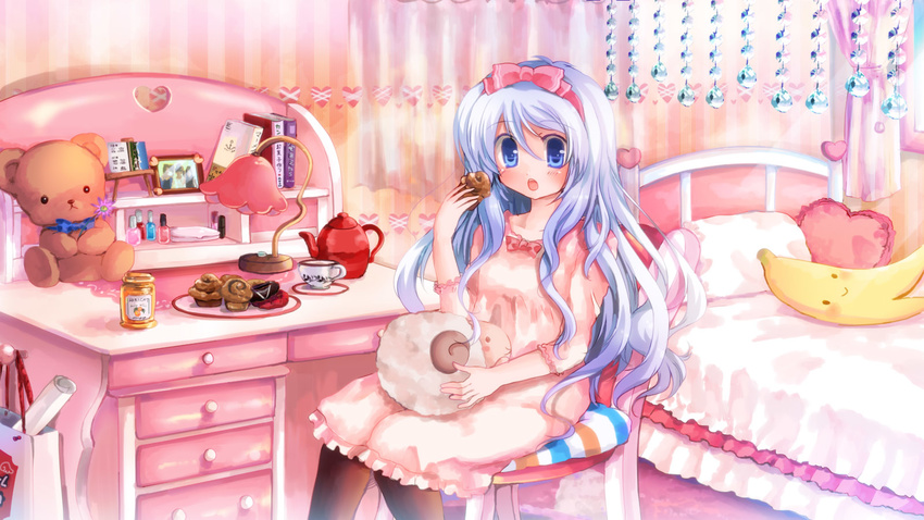 :o bad_id bad_pixiv_id banana bed bedroom blue_eyes blue_hair blush book cake casual chair cup desk food fruit hair_ribbon highres hizukiryou indoors lamp long_hair nail_polish_bottle open_mouth original pantyhose photo_(object) pillow ribbon room sheep sitting solo stuffed_animal stuffed_toy teacup teapot teddy_bear