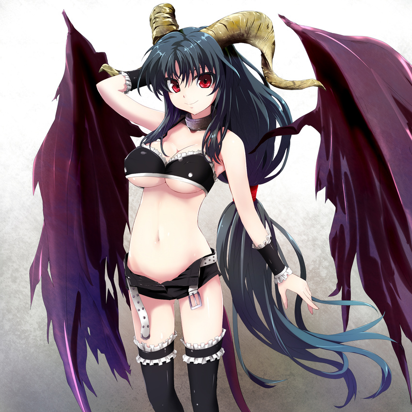 arm_up bandeau bare_shoulders belt black_legwear blush breasts cleavage collar demon_girl demon_wings garters green_hair grune hand_behind_head highres horns large_breasts large_wings long_hair looking_at_viewer midriff navel open_clothes original ponytail red_eyes short_shorts shorts smile solo thighhighs unbuckled_belt underboob unzipped very_long_hair wings wristband