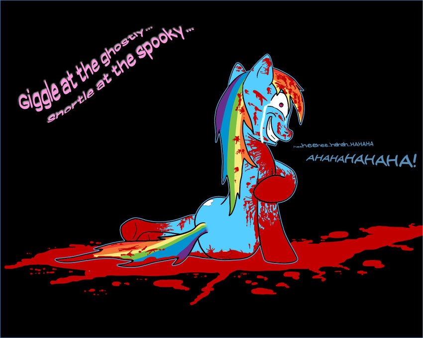 blood blue_fur crazy crying english_text equine female feral friendship_is_magic fur hair horse insane mammal multi-colored_hair my_little_pony plain_background pony rainbow_dash_(mlp) rainbow_hair red_eyes rocket_to_insanity_(mlp_fanfic) scherzo sitting smile solo text