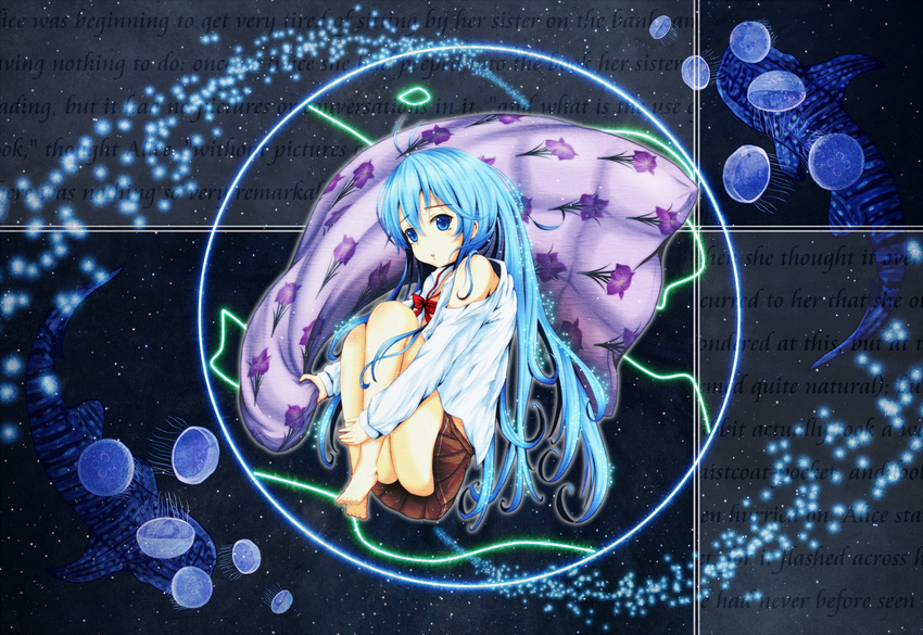 ahoge bare_legs bare_shoulders barefoot blanket blue_eyes blue_hair bow denpa_onna_to_seishun_otoko feet jellyfish leg_hug long_hair school_uniform solo touwa_erio very_long_hair