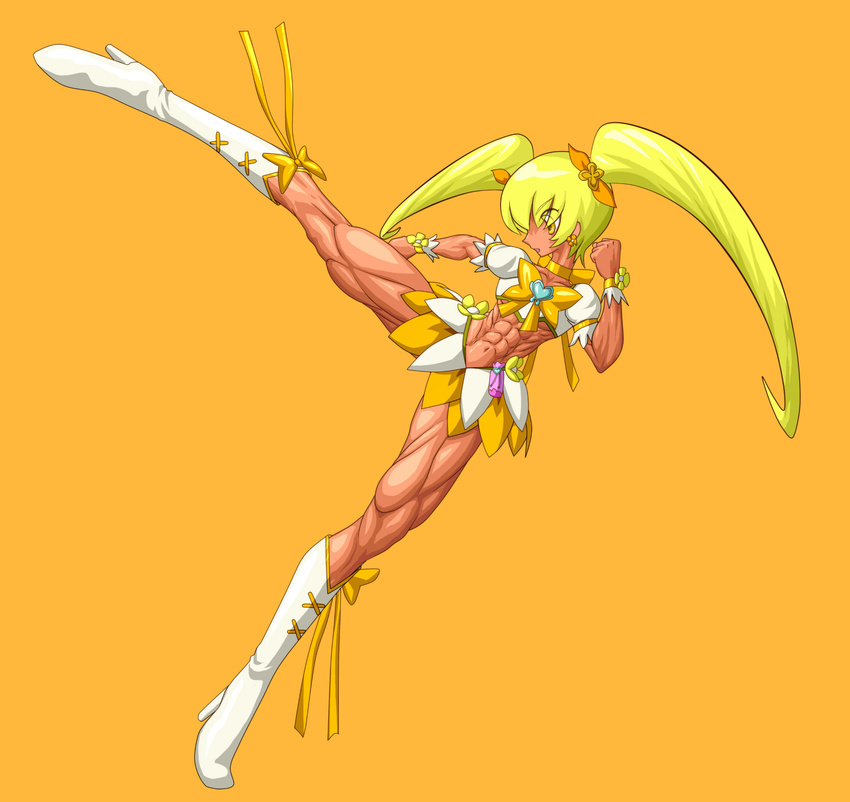 abs blonde_hair blush boots bow bows cure_sunshine earring earrings futari_wa_precure futari_wa_pretty_cure heartcatch_precure! highres jewelry kick kicking magical_girl muscle muscles muscular muscular_female precure twintails yellow_eyes