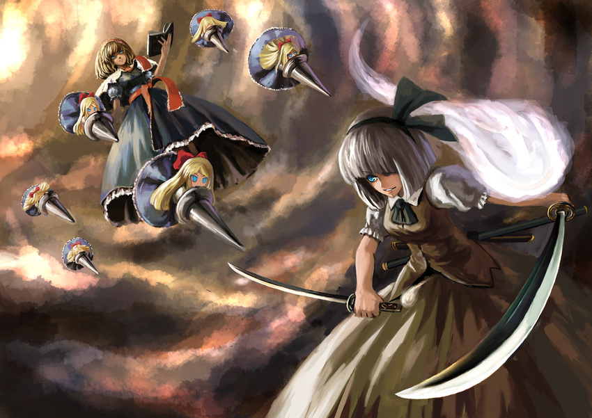 aako alice_margatroid battle blue_eyes capelet doll dress dual_wielding duel ghost hairband holding katana konpaku_youmu konpaku_youmu_(ghost) lance multiple_girls polearm scabbard shanghai_doll sheath short_hair silver_hair sky sword touhou weapon