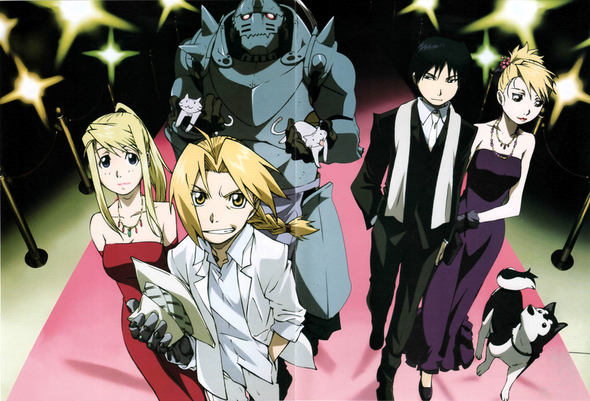 2girls 3boys absurdres alphonse_elric animal armor bare_shoulders black_eyes black_hair black_hayate blonde_hair braid breasts cat dog dress edward_elric elbow_gloves fullmetal_alchemist fundoshi gloves hat high_heels highres jewelry light long_hair looking_at_viewer multiple_boys multiple_girls necklace necktie official_art ponytail riza_hawkeye roy_mustang shoes short_hair single_braid smile standing tail walking wallpaper winry_rockbell yellow_eyes