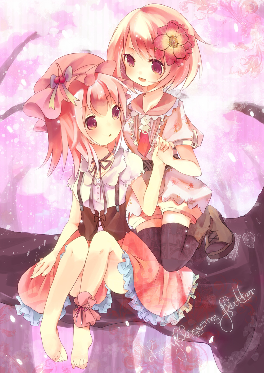 absurdres aki_minoriko aki_shizuha ankle_garter bad_id bad_pixiv_id barefoot black_legwear blonde_hair choker feet flower hair_flower hair_ornament hat highres kedama_milk multiple_girls pink_eyes pink_hair siblings sisters thighhighs toenails touhou