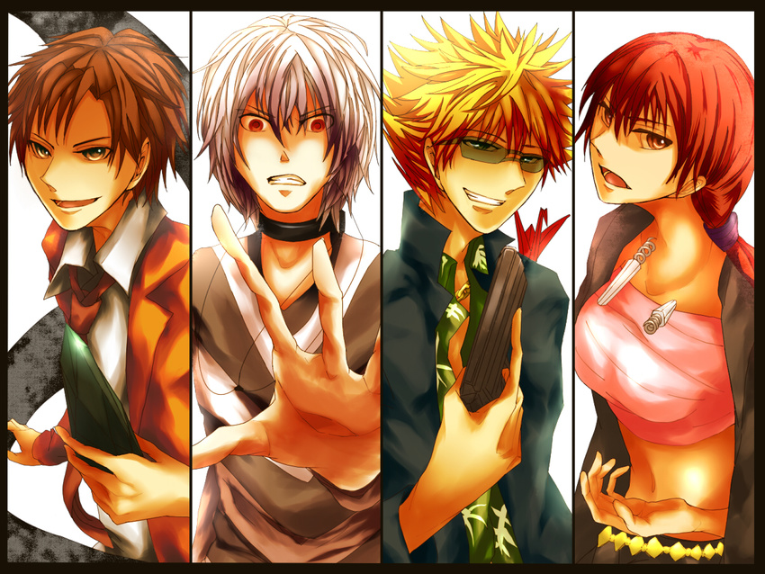 3boys accelerator bad_hands blonde_hair brown_hair column_lineup etzali evil_smile expressionless grin multiple_boys musujime_awaki parted_lips red_eyes red_hair shaded_face shinjou_(kaminomizosirusekai) silver_hair simple_background smile teeth to_aru_majutsu_no_index tsuchimikado_motoharu unabara_mitsuki upper_body white_background