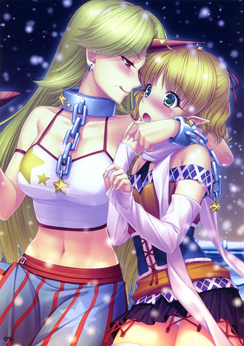 :q abs absurdres adapted_costume arm_around_neck arm_warmers blonde_hair blush chain collar corset crop_top cuffs detached_sleeves earrings fingernails green_eyes hands highres horn hoshiguma_yuugi jewelry long_fingernails long_hair midriff miniskirt mizuhashi_parsee multiple_girls nail_polish navel panties pantyshot pantyshot_(sitting) pointy_ears red_eyes sayori scarf shirt short_hair sitting skirt sleeves_past_wrists star star_print tank_top taut_clothes taut_shirt tears tongue tongue_out touhou underwear very_long_hair white_panties yuri