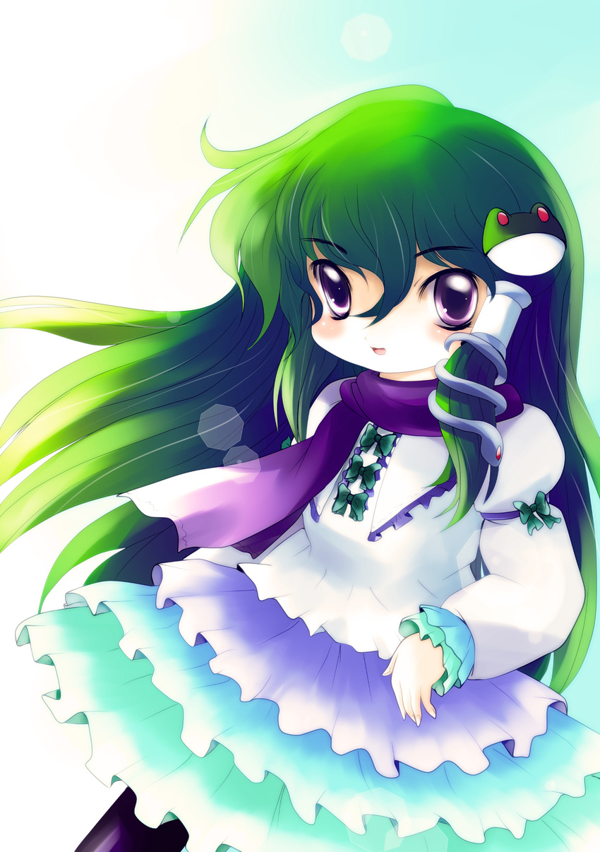 absurdres alternate_costume chibi frills frog green_hair highres kochiya_sanae long_hair purple_eyes scarf snake solo touhou yume_shokunin