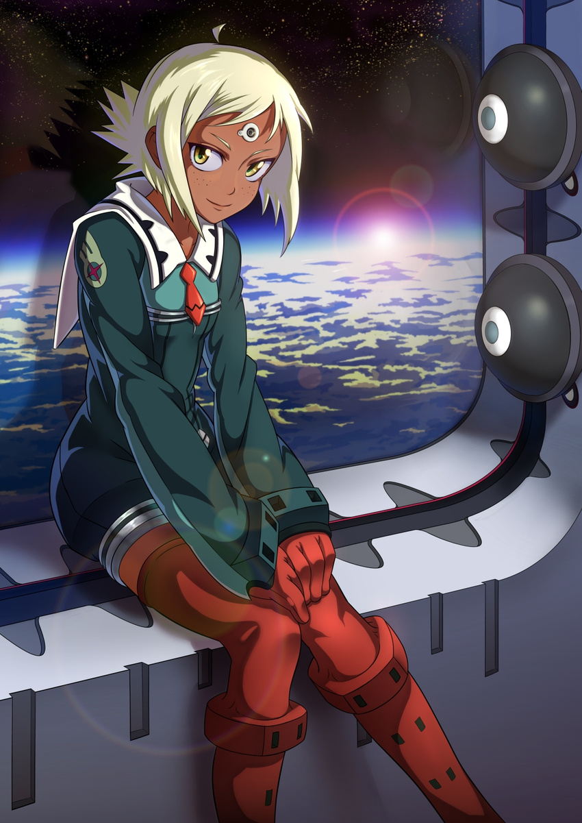 dark_skin freckles highres kamogawa_shuujin lal'c_mellk_mal lens_flare planet short_hair sitting smile solo space star_(sky) sun thighhighs top_wo_nerae_2! white_hair window yellow_eyes