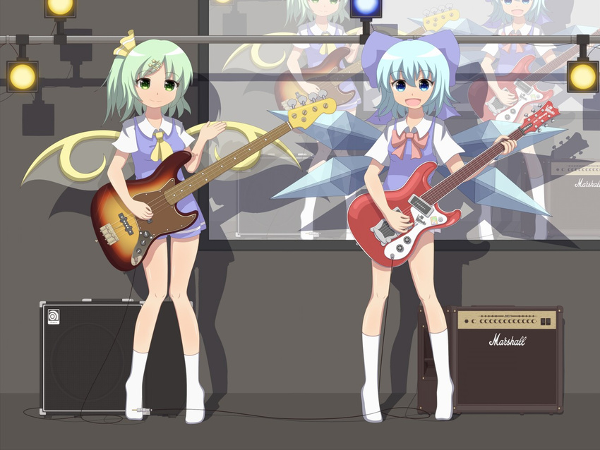 2girls bow cirno daiyousei dress guitar instrument kinakomoti touhou wings