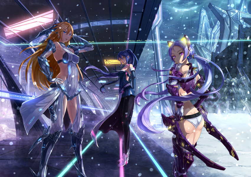 animal_ears armor ass bare_shoulders belt blue_eyes blue_hair boots cat_ears detached_sleeves earrings gloves green_eyes hands_on_hips highres jewelry kazeno long_hair looking_back mecha multiple_girls original panties power_suit purple_eyes red_hair snow thigh_boots thighhighs twintails underwear very_long_hair wind