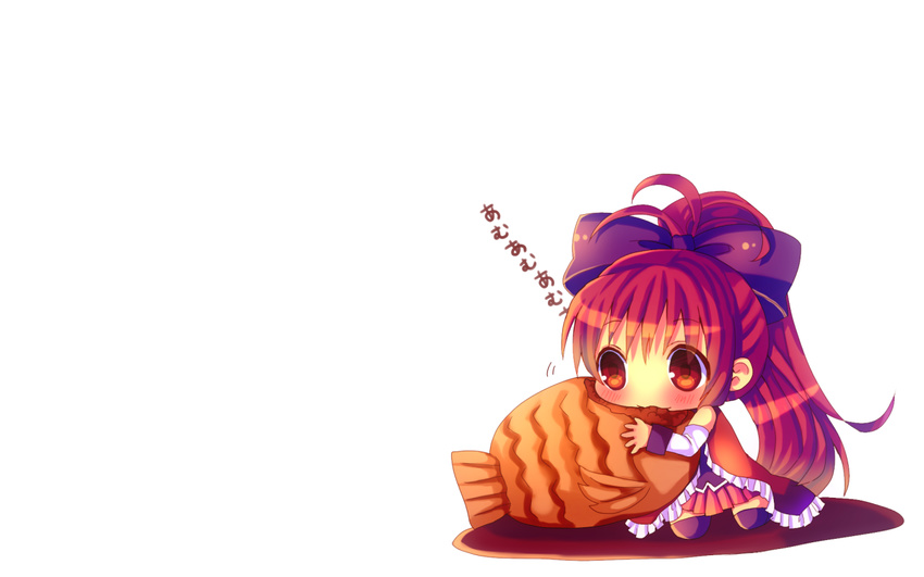 blush chibi hina_hina long_hair mahou_shoujo_madoka_magica ponytail red_eyes red_hair sakura_kyouko taiyaki thighhighs