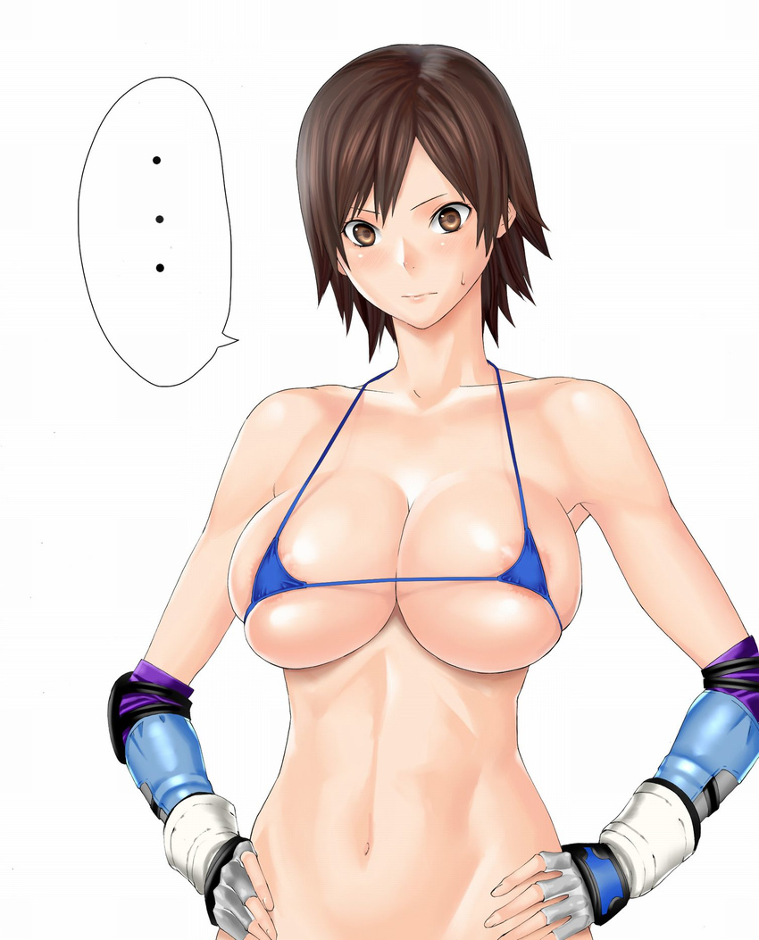 areola_slip areolae bikini blush breasts brown_eyes brown_hair bursting_breasts fingerless_gloves gloves highres kazama_asuka large_breasts micro_bikini short_hair simple_background solo string_bikini swimsuit tekken tetsuo_(tetuo1129)