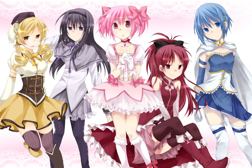 akemi_homura bad_id bad_pixiv_id blonde_hair blue_eyes blue_hair drill_hair gloves highres kaname_madoka long_hair magical_girl mahou_shoujo_madoka_magica miki_sayaka multiple_girls naru_(andante) pantyhose pink_hair red_eyes red_hair ribbon sakura_kyouko short_hair sitting smile striped striped_legwear thighhighs tomoe_mami yellow_eyes