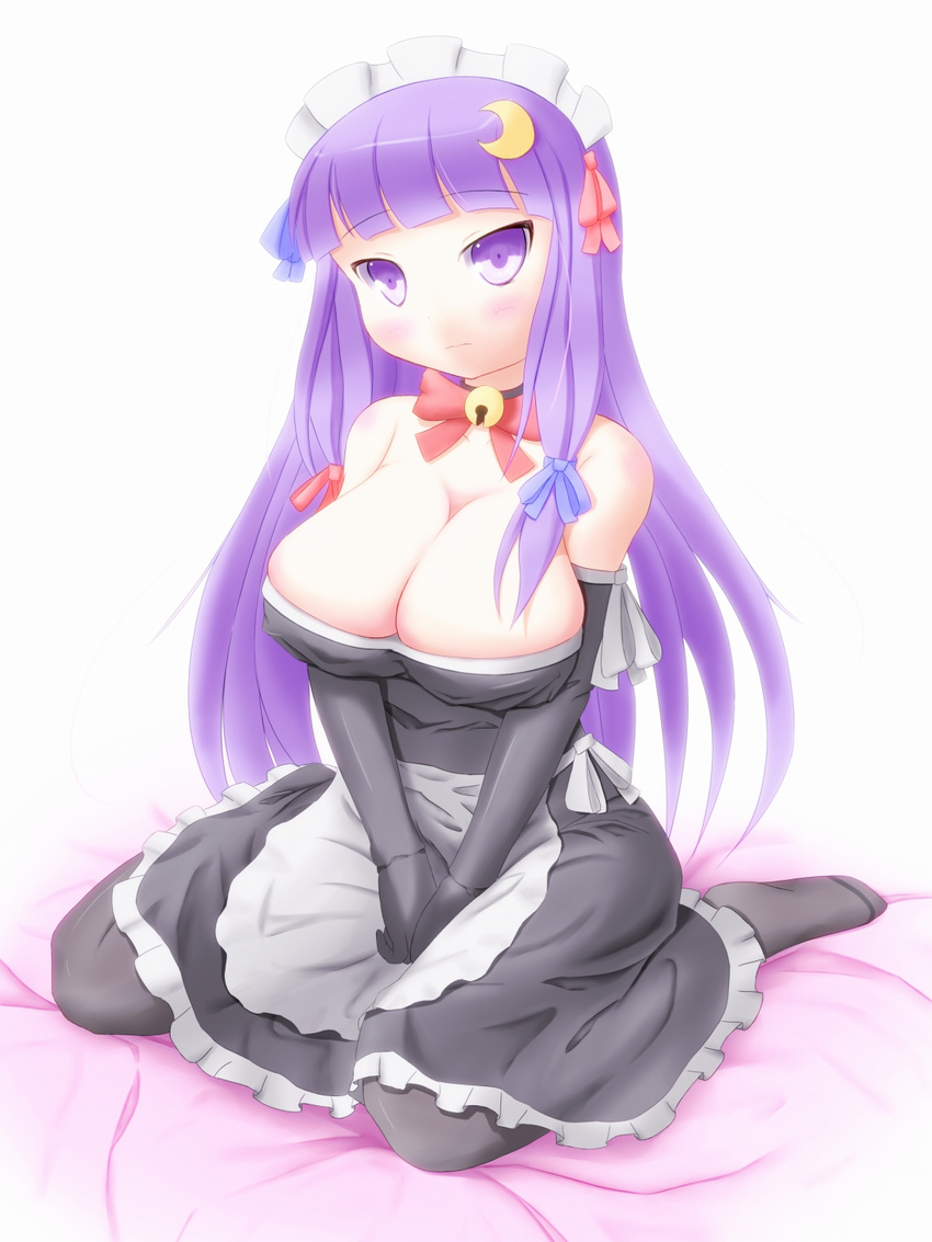 alternate_costume breasts cleavage crescent highres large_breasts long_hair patchouli_knowledge purple_eyes purple_hair shinoshinosp solo touhou