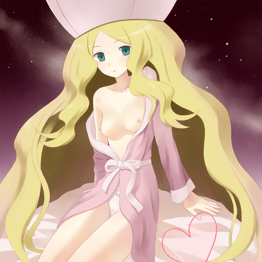 bad_id bad_pixiv_id bare_shoulders blonde_hair blush breasts cattleya_(pokemon) elite_four green_eyes hat highres long_hair medium_breasts nipples no_bra off_shoulder ohirune open_clothes open_mouth open_robe panties pokemon pokemon_(game) pokemon_bw robe small_breasts solo underwear very_long_hair white_panties