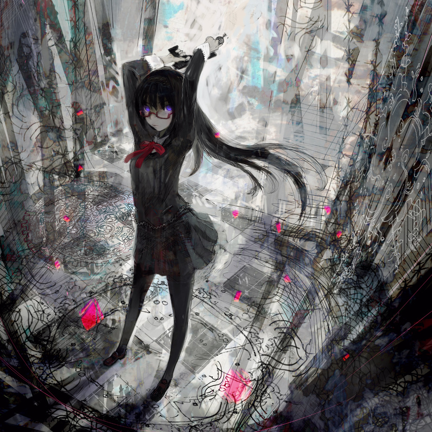 akemi_homura alternate_color arms_up bad_id bad_pixiv_id black_hair glasses glowing glowing_eyes grief_seed gun highres long_hair mahou_shoujo_madoka_magica nimirom pantyhose purple_eyes red-framed_eyewear school_uniform skirt solo spoilers standing weapon