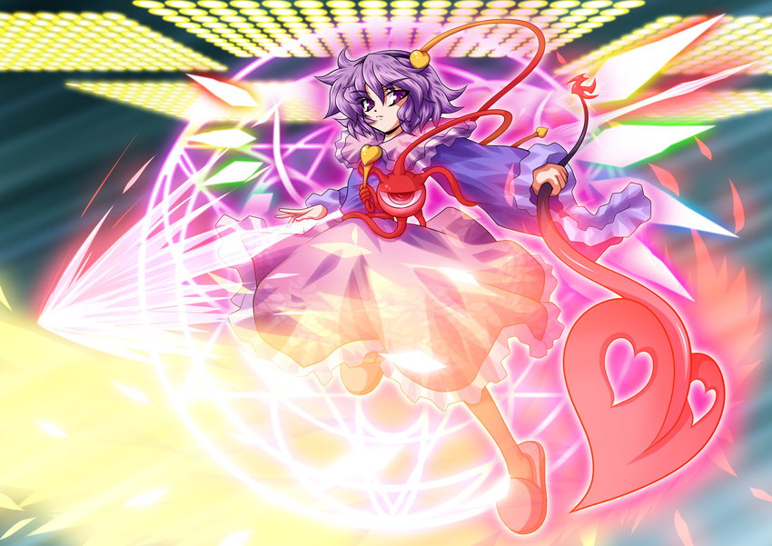 eyeball fue_(fuef) hairband heart highres komeiji_satori laevatein magic_circle polearm purple_eyes purple_hair short_hair slippers solo spear spear_the_gungnir third_eye touhou wand weapon wings