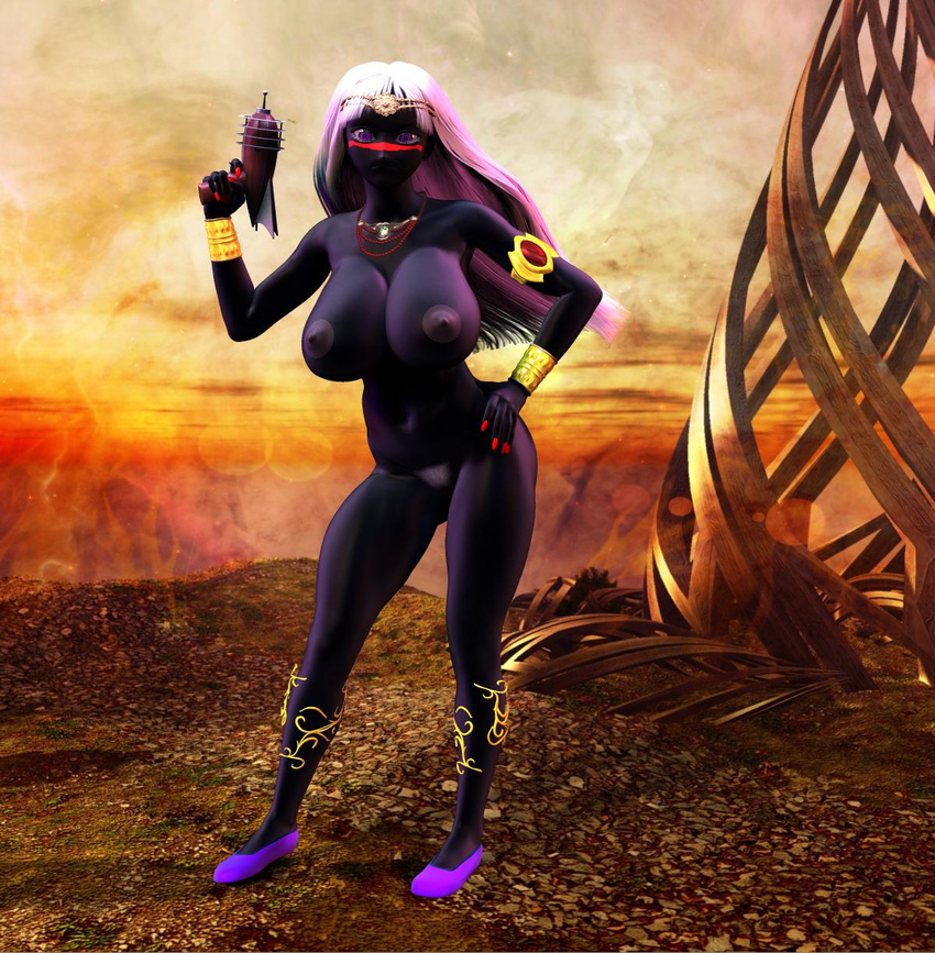 3d big_breasts breasts chup@cabra duck_dodgers female gun hair huge_breasts looking_at_viewer martian nipples nude pubes pussy queen_tyr'ahnee queen_tyr'ahnee ranged_weapon solo weapon white_hair