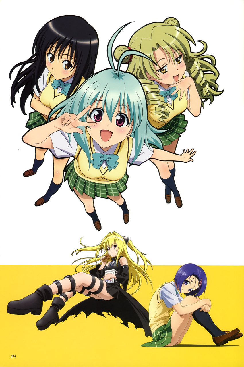 absurdres blonde_hair blue_eyes blue_hair blush green_hair highres konjiki_no_yami kotegawa_yui legs long_hair miniskirt purple_eyes run_elsie_jewelria sairenji_haruna scan school_uniform short_hair skirt smile tenjouin_saki thighs to_love-ru toloveru