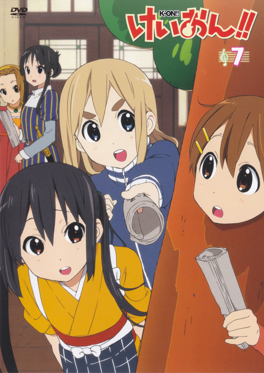 :d :o absurdres akiyama_mio cosplay costume cover dvd_cover eyebrows highres hirasawa_yui japanese_clothes juliet_capulet juliet_capulet_(cosplay) k-on! kimono kotobuki_tsumugi multiple_girls nakai_(waitress) nakano_azusa open_mouth romeo_and_juliet romeo_montague romeo_montague_(cosplay) scan script smile tainaka_ritsu tasuki thick_eyebrows track_suit tree_costume