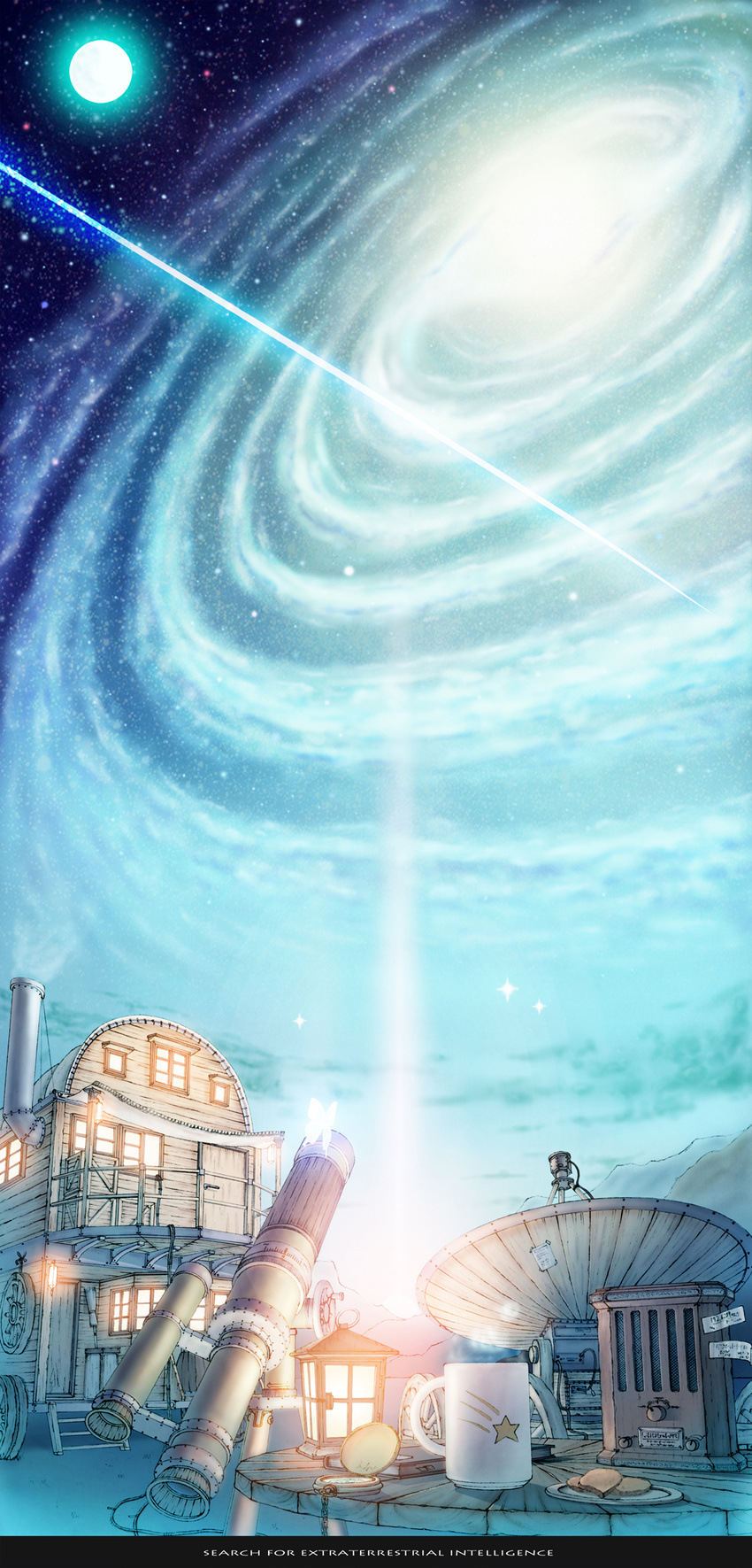 bad_pixiv_id book bug butterfly chimney cookie cup english food full_moon galaxy highres house insect lantern moon mug night night_sky no_humans original plate pocket_watch radio roffi satellite_dish scenery sky star_(sky) starry_sky table telescope watch wheel