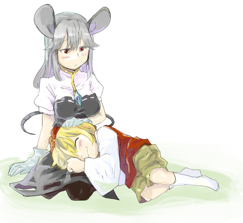 :3 animal_ears blonde_hair blush child closed_eyes dress gloves grey_hair hand_on_head jewelry lap_pillow mouse_ears mouse_tail multiple_girls nazrin older pendant red_dress red_eyes role_reversal sape_(saperon_black) shirt sketch tail toramaru_shou touhou white_shirt younger