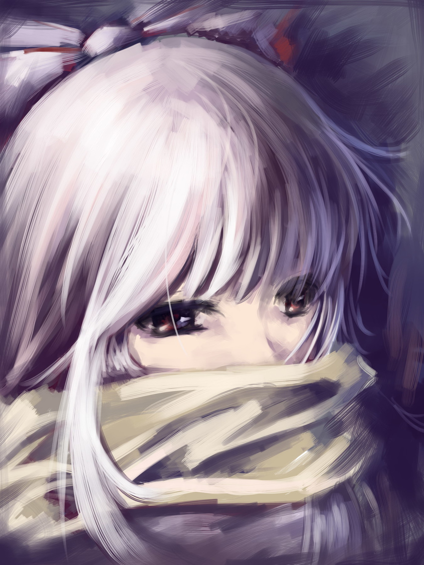 bad_id bad_pixiv_id bow covering_mouth face fujiwara_no_mokou hair_bow harriken highres red_eyes scarf solo touhou white_hair