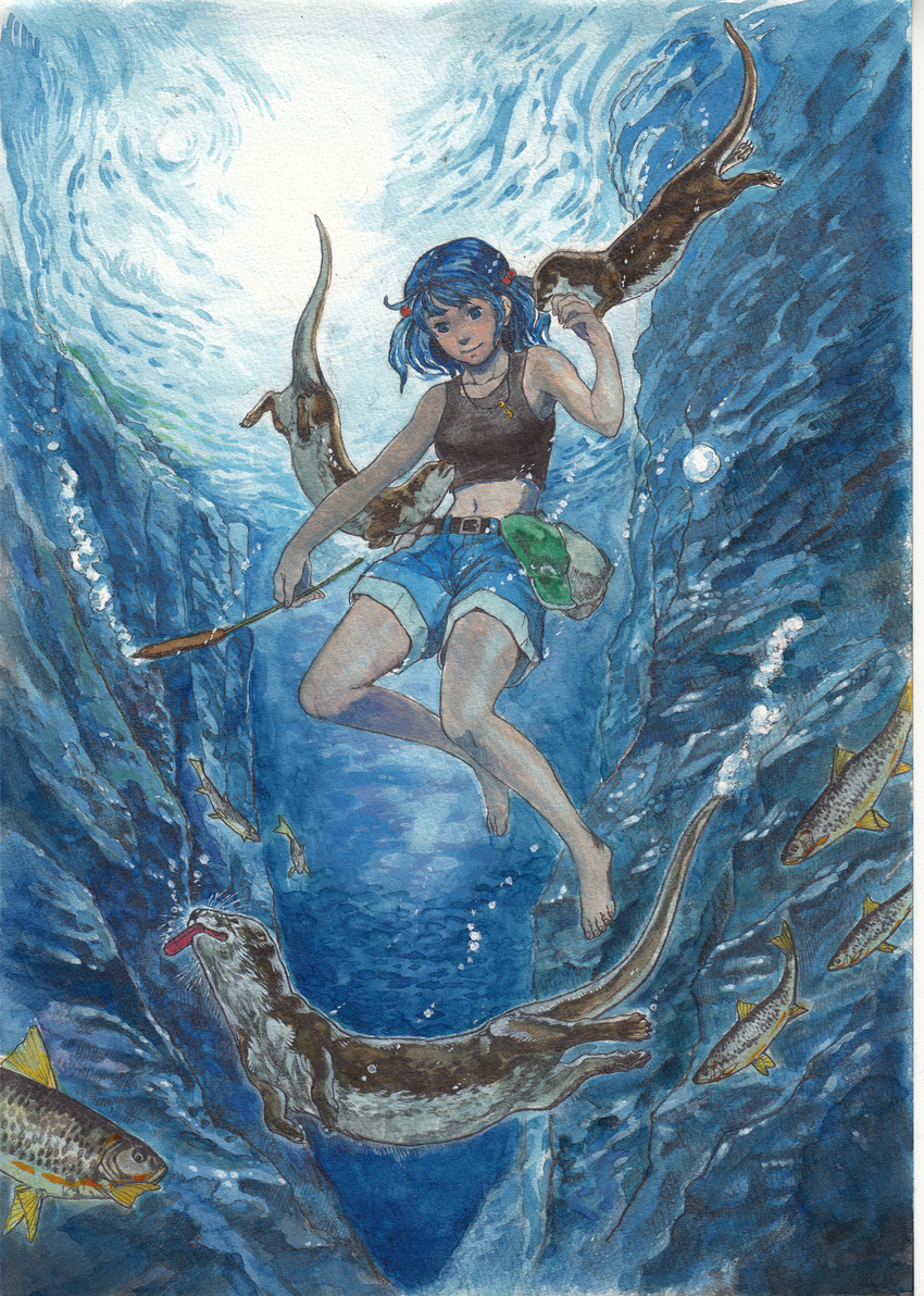 bad_id bad_pixiv_id bare_shoulders barefoot blue_eyes blue_hair cattail commentary_request crop_top fish graphite_(medium) hair_bobbles hair_ornament hat highres kawashiro_nitori key kobuushi midriff navel otter plant short_hair shorts solo tank_top touhou traditional_media two_side_up underwater watercolor_(medium)