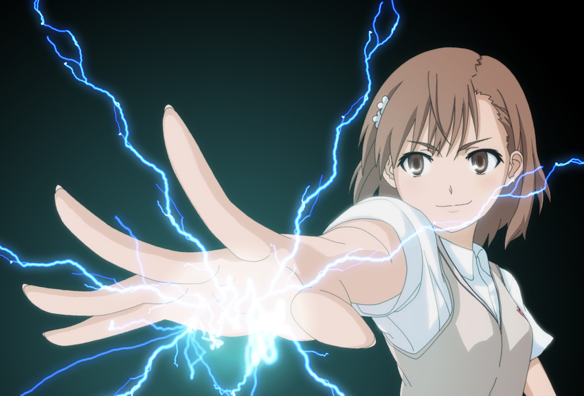 biribiri brown_eyes brown_hair electricity hair_ornament hairpin highres misaka_mikoto school_uniform solo to_aru_kagaku_no_railgun to_aru_majutsu_no_index toshipon uniform