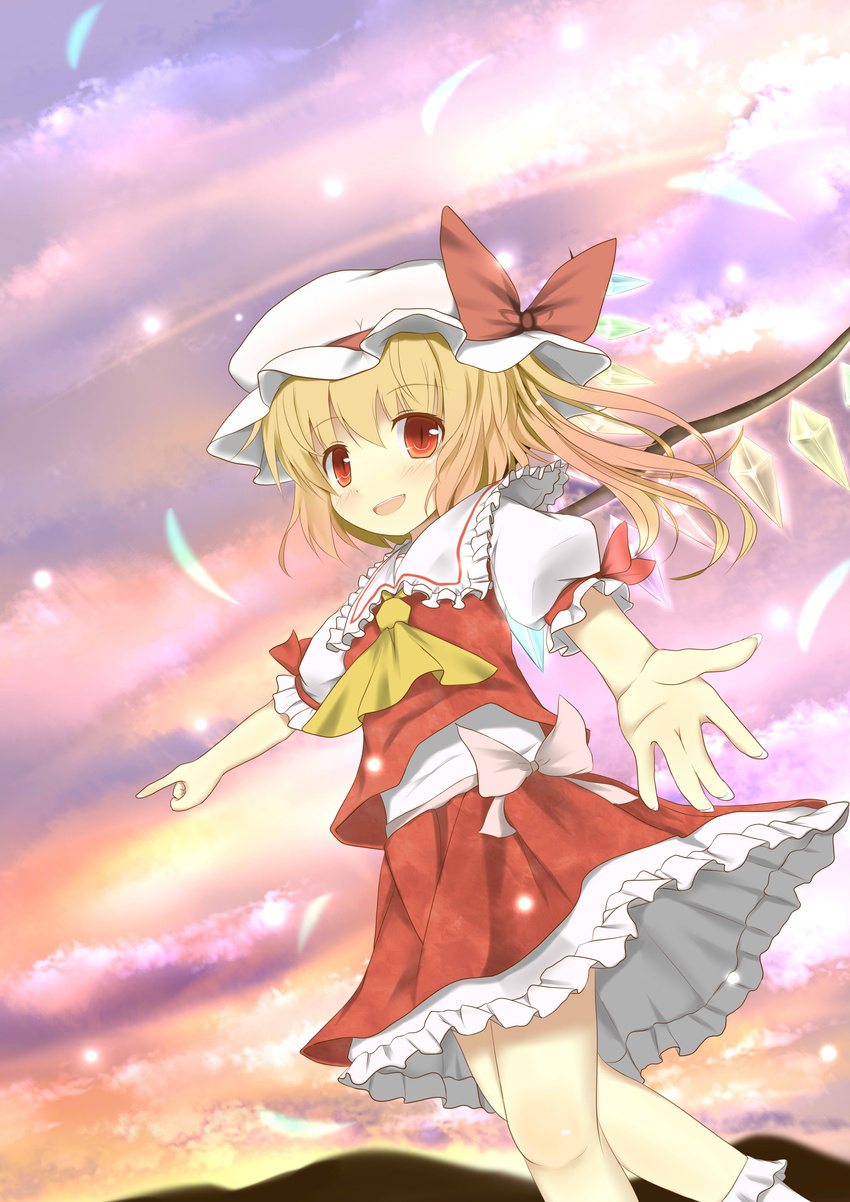 absurdres ascot blonde_hair blush bunchou_(bunchou3103) fang flandre_scarlet hat hat_ribbon highres outstretched_hand pointing red_eyes ribbon side_ponytail slit_pupils solo touhou wings
