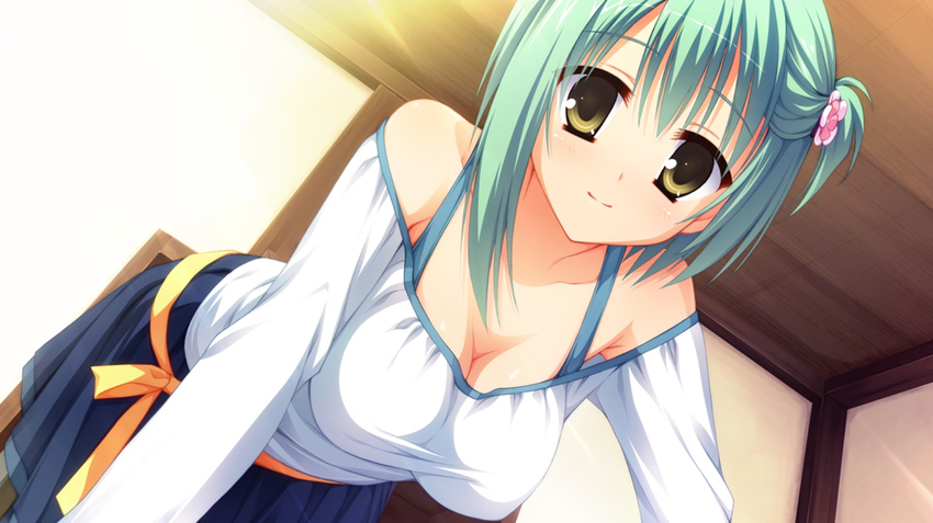 all_fours bare_shoulders breasts cleavage game_cg green_hair hair_ornament highres kobuichi large_breasts looking_at_viewer muririn noble_works shirt short_hair skirt smile solo taut_clothes taut_shirt tsukiyama_sena yellow_eyes