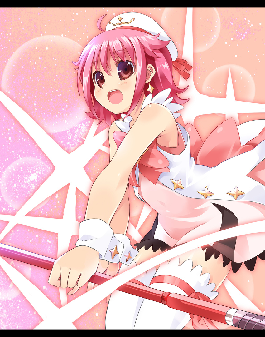 :d absurdres ahoge bad_id bad_pixiv_id bow chibi_(nekomimimi) gloves hat highres houkago_no_pleiades letterboxed long_hair magical_girl open_mouth pink_bow pink_hair red_eyes short_hair smile solo staff subaru_(houkago_no_pleiades) thighhighs